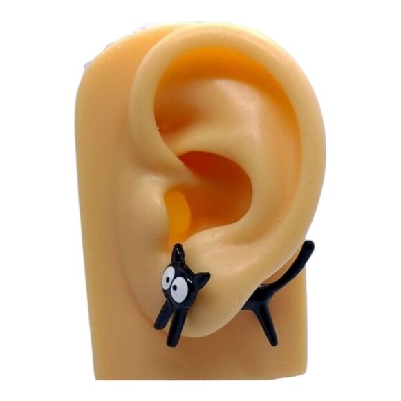 Jiji Black Cat Earrings Pierced Ear Jackets Big Eye Kitty Pet Sitter Cat Lady - Picture 5 of 6